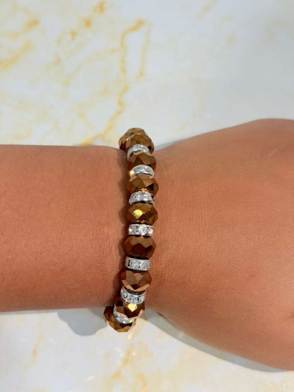 Faceted Bronze Crystal Stackable Bracelet with Silver Rhinestone Spacers